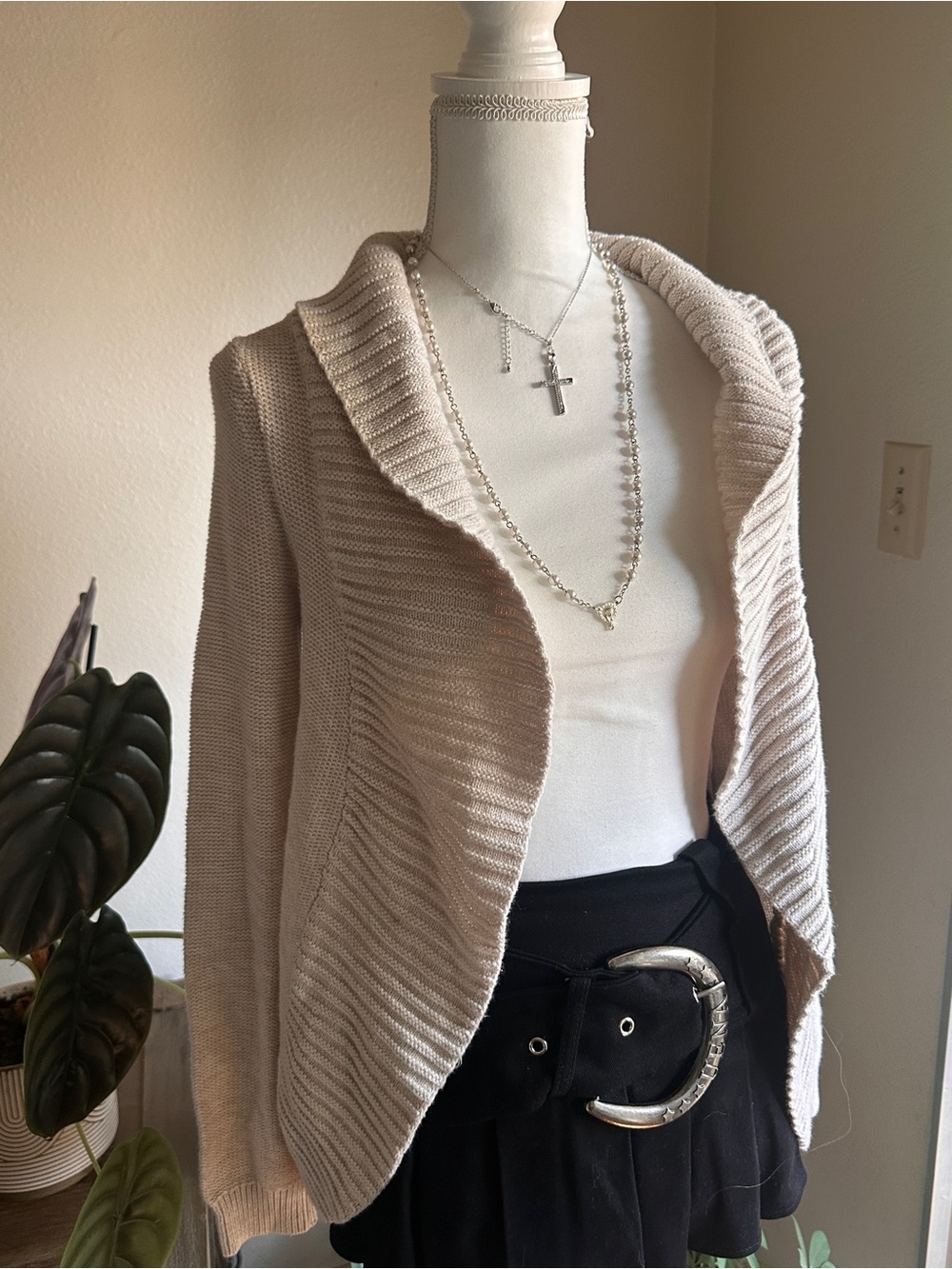 Women's Roxy Cream Open-Front Ribbed Cardigan Sweater - Picture 3 of 6